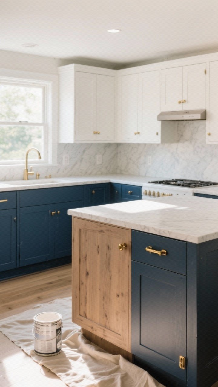Wide shot: A bright, modern kitchen featuring freshly painted two-tone cabinets—moody navy lower cabinets and crisp white uppers—with a natural wood island painted in cozy mushroom as a test piece. New brushed brass pulls gleam against the paint. Soft morning natural light from a window, clean quartz counters kept simple. Visible prep details like a lightly sanded cabinet door on a drop cloth in the corner and a primer can subtly placed, hinting at the process. No people.