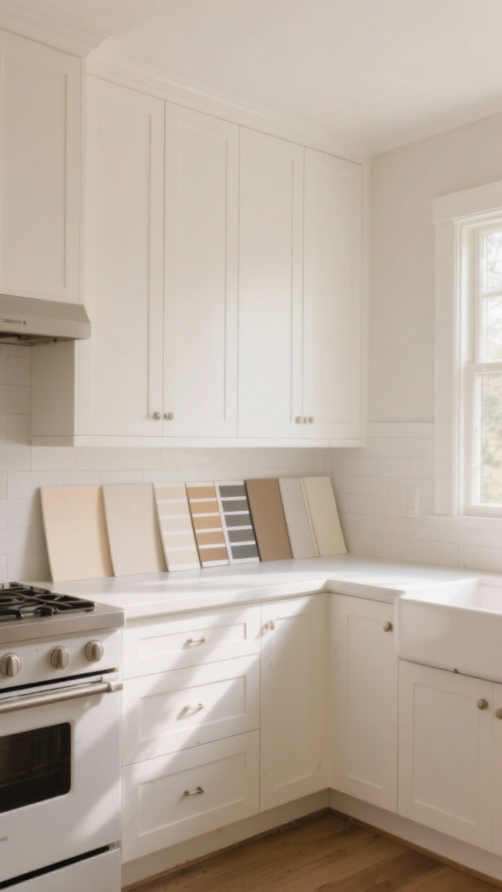 Wide shot: A calm, warm white kitchen with ivory cabinets and off-white walls in a north-facing room, soft morning light filtering in. Large foam-board paint swatches with cream, beige, and greige undertones are propped on the counter and moved along the backsplash for testing. Warm white cabinetry and walls are coordinated one step apart in tone to avoid patchiness. The mood is soft and easy, with no harsh cool whites; photorealistic, natural light.