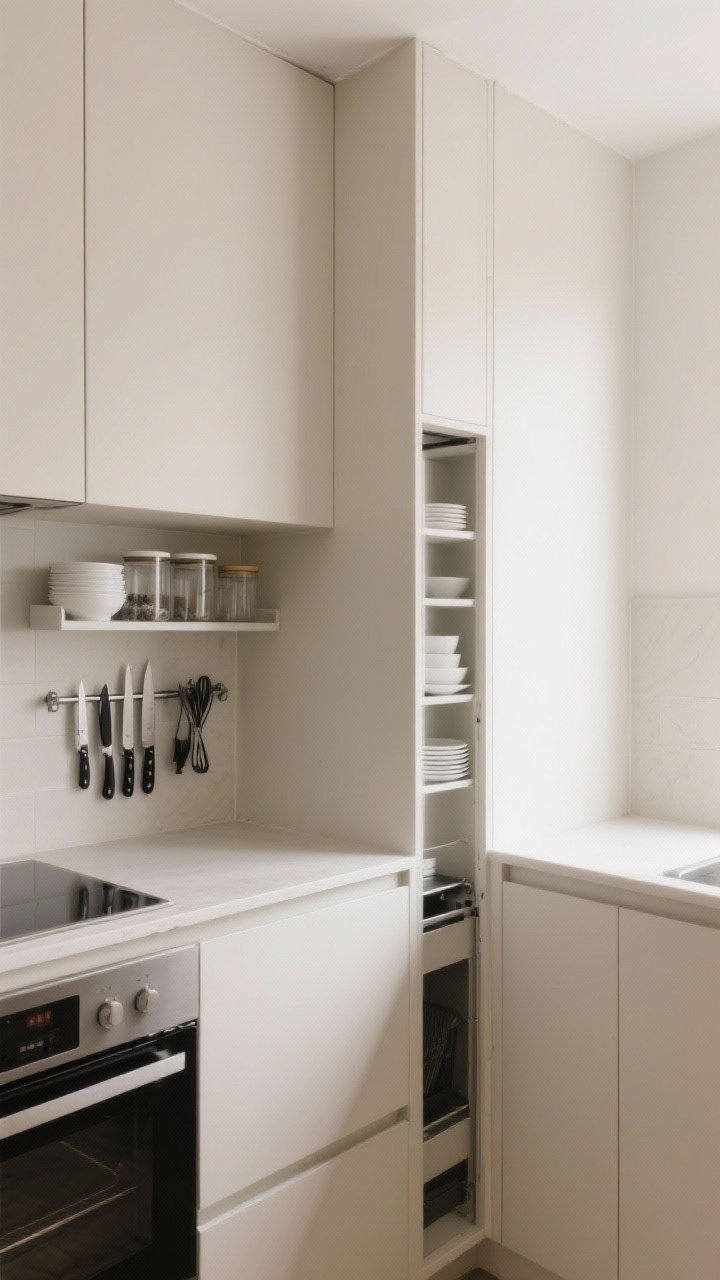 Wide shot: A compact modern kitchen shown from a corner angle, emphasizing vertical storage—full-height matte warm white cabinets that reach the ceiling with no gap, a single slim open shelf holding white dishes and clear glass canisters, a magnetic knife strip and a stainless rail with matte black utensils on a clean backsplash, and a tall, slim pull-out pantry tower. Keep counters minimal and tonal; soft natural light, calm and organized mood.