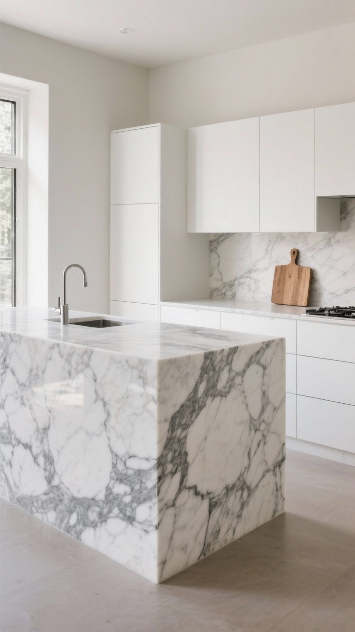 Wide shot: A contemporary kitchen where the countertop is the clear star—dramatic Calacatta marble with bold gray veining and a polished sheen—paired with simple slab-front matte white cabinets as a calm backdrop; include minimal styling (a single wooden cutting board), neutral walls, and soft daylight, emphasizing the “one diva” approach with the countertop leading and cabinets supporting.
