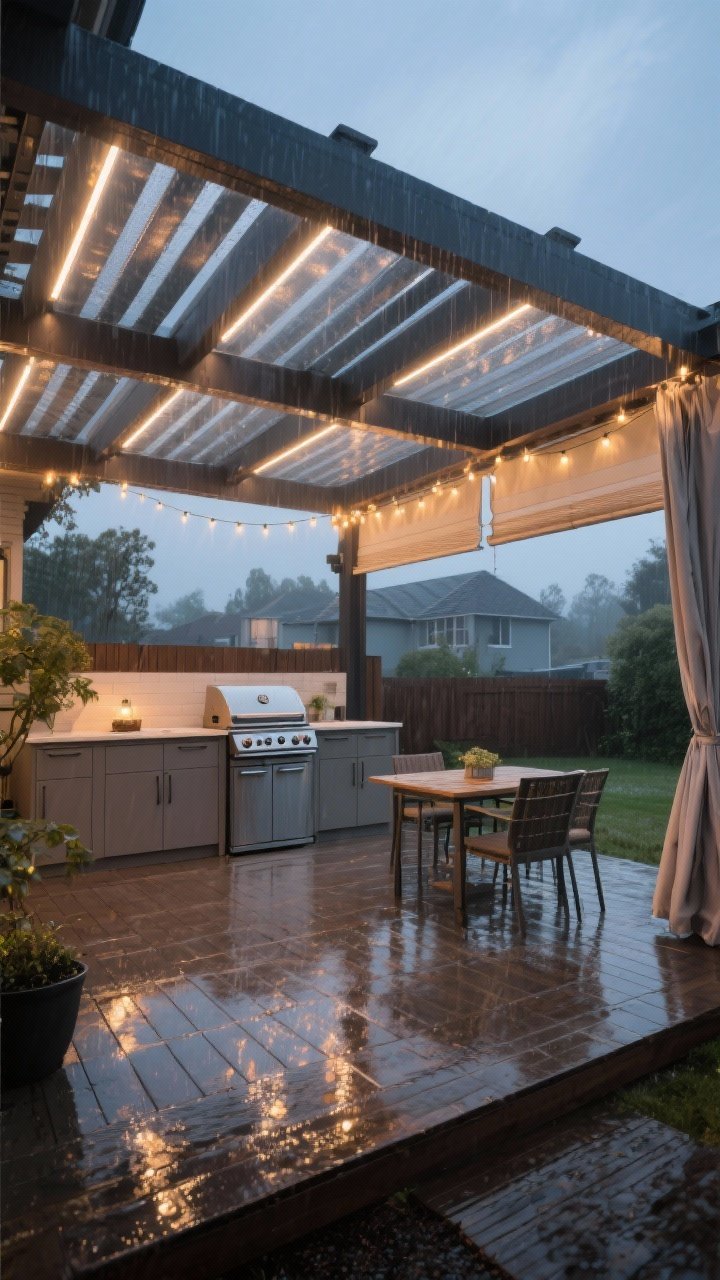 Wide shot — A cozy outdoor kitchen beneath a louvered pergola with polycarbonate panels layered over the beams, slim LED strips integrated into the rafters, and warm string lights. Composite decking or porcelain pavers underfoot, a compact grill station with flat-front cabinets, and a small dining setup. Early evening drizzle with reflected glow on the floor, retractable side shades retracted at the edges, mood: flexible, weather-ready, softly lit.