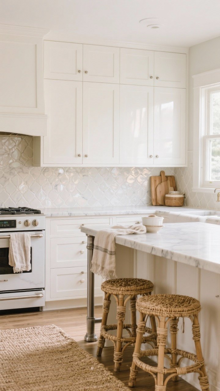 Wide shot: A cozy white kitchen showcasing layered textures—matte white Shaker cabinets paired with a glossy off-white zellige tile backsplash, smooth creamy quartz counters with subtle veining, woven natural-fiber counter stools, a low-pile indoor/outdoor runner in neutral tones, and soft linen tea towels draped on a brushed metal bar; daylight from a window casts soft reflections on the glossy tile, highlighting the contrast of matte, glossy, wood grain, and textiles.