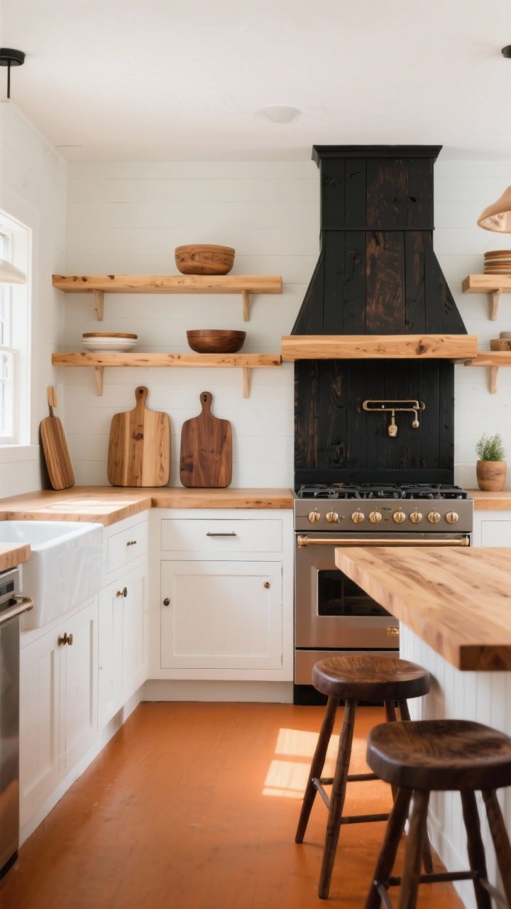 Wide shot: A fresh farmhouse kitchen showcasing intentional mixed wood tones—light oak floating shelves, warm walnut cutting boards leaning behind the stove, and a blackened wood range surround—paired with painted lower cabinets in warm white. Include a natural wood island and darker stained wood counter stools to ground the lighter cabinetry. Repeated tones echo across shelves, stools, and boards. Soft morning natural light, matte finishes, and if the floor skews orange-toned, subtly balance it with cooler wood accents on a few accessories. No people, photorealistic, straight-on perspective.