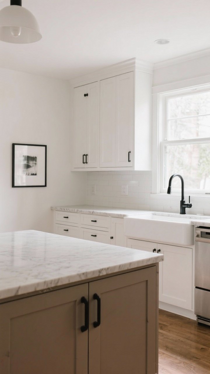 Wide shot: A kitchen composed by the 60-30-10 rule—60% soft white shaker cabinets and walls, 30% warm taupe quartz countertops (including the island top), and 10% matte black accents in pulls and a black bridge faucet; airy, natural daylight from a window, minimal styling with a black-framed art piece to echo the accent.