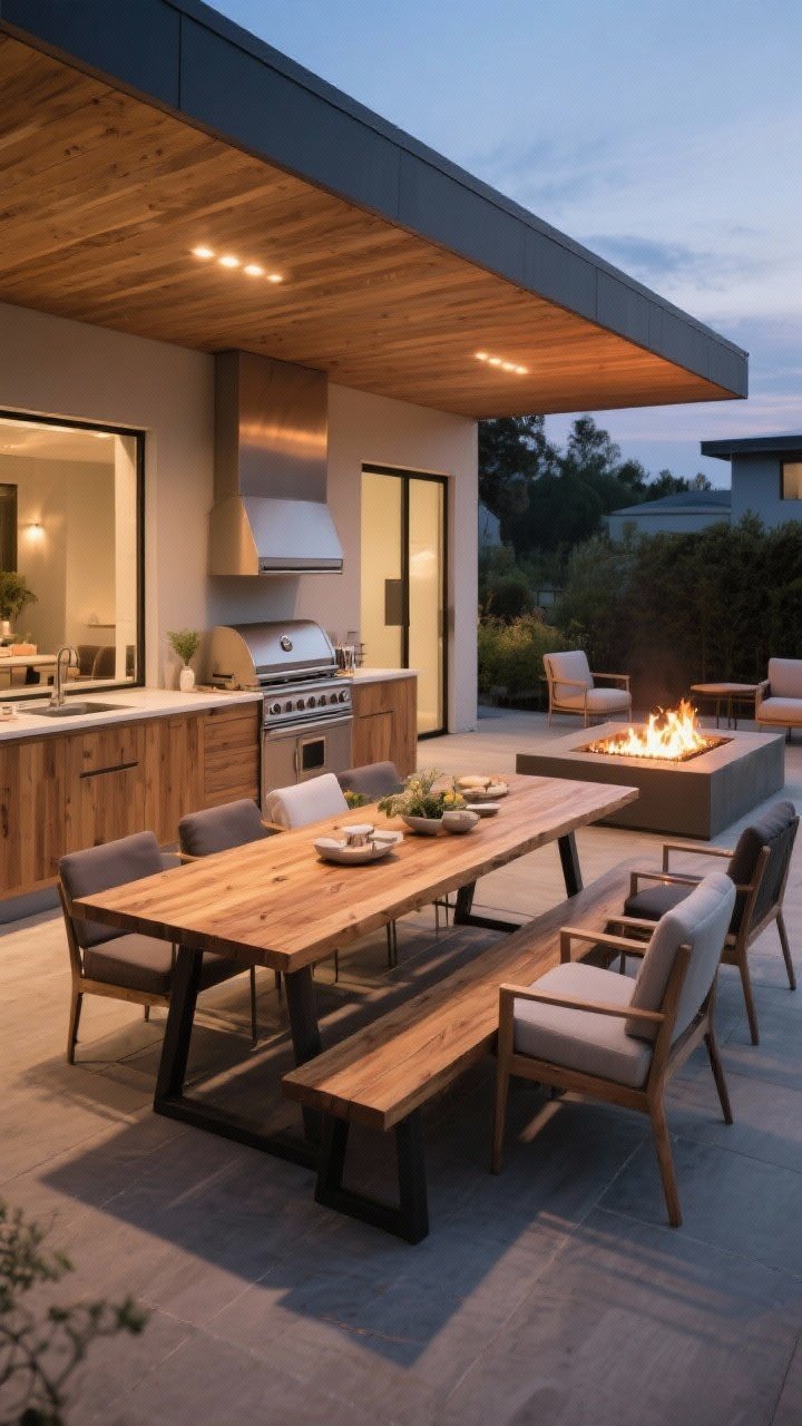 Wide shot: A long communal outdoor dining table adjacent to the cook zone, blending conversation with grilling; teak tabletop with mixed seating—benches on one side, supportive armchairs on the other; dimmable warm lighting above creating a cozy, non-cafeteria vibe; a linear fire table nearby as a secondary heat source; neutral palette with natural wood and powder-coated aluminum frames; twilight ambiance, photorealistic.