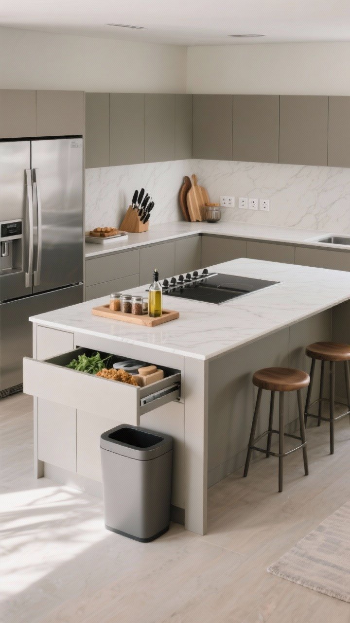 Wide shot: A modern kitchen island divided into three distinct zones—prep zone nearest the fridge with knives in an in-drawer organizer, cutting boards leaning in a slot, outlets along the side, and a hidden pull-out compost/waste bin partially open; cooking zone with a sleek island cooktop and a narrow pull-out for spices and oils; serving zone opposite with a raised ledge shielding the work area and three stools. Clean quartz countertop, matte cabinetry, neutral palette, soft daylight, straight-on perspective emphasizing clear zone boundaries.