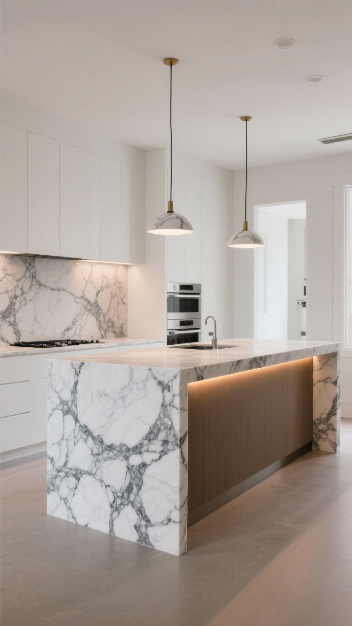 Wide shot: A modern kitchen island made from dramatic veiny Calacatta marble with a full mitered waterfall edge on both sides, simple matte-white surrounding cabinetry kept quiet, beveled edge detail to enhance slab thickness, under-island warm LED strip lighting and two focused pendants above that make the marble veining pop; neutral palette elsewhere so the sculptural stone takes center stage, no people, photorealistic.