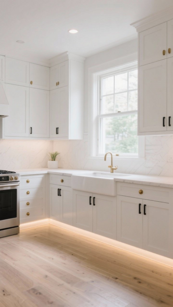 Wide shot: A modern kitchen with matte white Shaker cabinets and light countertops, styled with thin black pulls on lowers and brushed brass knobs on uppers; airy, bright daylight from a large window, minimal decor, clean lines, light wood floors, and subtle under-cabinet glow; straight-on perspective emphasizing the simple square frames and timeless, versatile look.