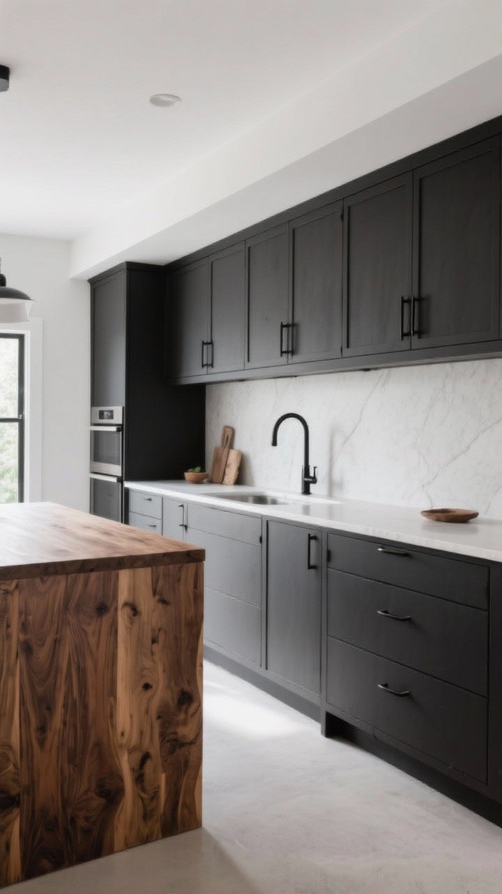 Wide shot: A modern rustic kitchen with flat-front slab cabinets in matte painted soft black on the perimeter, streamlined black hardware, and a simple linear layout. A warm oak island with visible grain and low-sheen finish adds contrast. Quiet white honed countertops and a minimal, light gray backsplash keep the scene calm. Natural daylight, clean lines, no heavy molding, balance between painted cabinets and a wood island, photorealistic.