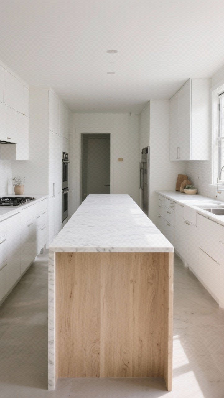 Wide shot: A narrow kitchen showcasing “The Skinny-but-Strong Slab” island—an 18–24 inch deep, long slim slab running parallel to the counters, with 36 inches of clearance on both sides, light quartz or pale maple waterfall ends that protect the sides, and a slim silhouette that visually elongates the room; bright, natural daylight bouncing off the light countertop, clean white cabinetry, minimal decor, no people.