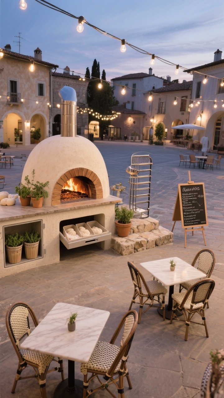 Wide shot: A pizza oven piazza setting with a stucco-clad wood-fired oven as the focal point; a dedicated prep station holding dough bins, potted herb planters, and a slim drawer slightly open to reveal flour; a heat-proof peel rack mounted nearby and a stone landing zone; café tables with bistro chairs underneath string lights, plus a small chalkboard menu propped on an easel; twilight lighting for a festive piazza vibe, photorealistic, slight overhead angle to showcase the layout.
