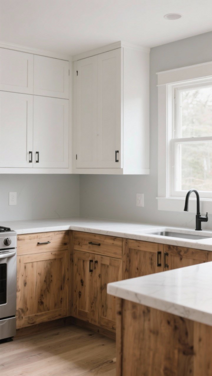 Wide shot: A rustic-modern kitchen with natural white oak lower cabinets and painted warm white upper cabinets, all with simple shaker/slab fronts and slim edge countertops; sleek, streamlined black pulls; matte finishes on cabinetry and counters; neutral putty-gray walls; straight, crisp lines throughout; soft morning natural light from a window washing over the wood grain and emphasizing the clean geometry; no clutter on counters, just a calm, minimalist layout.