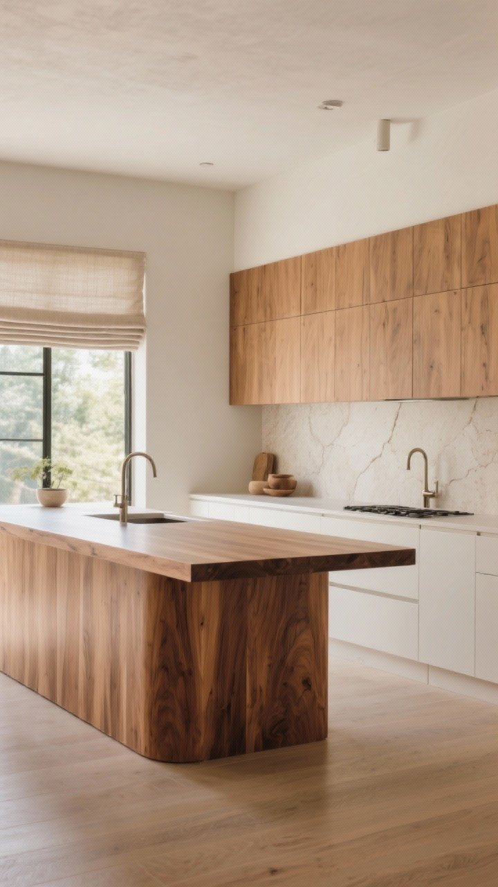 Wide shot: A serene modern kitchen featuring a warm wood waterfall-edge island with continuous oak grain wrapping seamlessly to the floor, matte finish, minimal hardware, paired with a honed light limestone backsplash, plaster walls, and linen-textured Roman shade; soft natural daylight, calm earthy palette of mushroom and warm white, bookmatched panels visible, organic and high-end mood, photorealistic.
