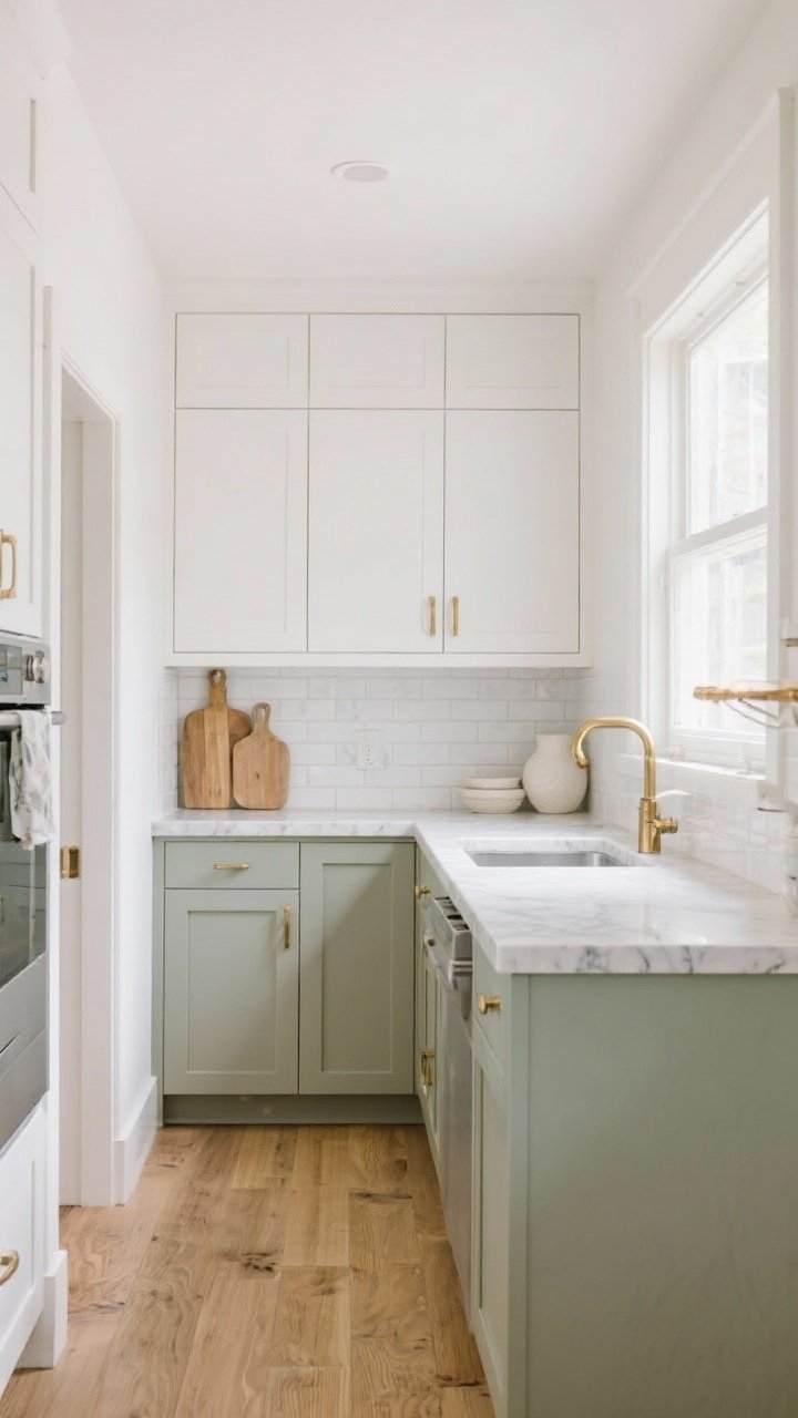 Wide shot: A small galley kitchen bathed in natural light, styled in a light, layered palette—soft white upper cabinets, warm greige lower cabinets, and a pale sage island; matte cabinet finishes, satin-sheen on select panels; tonal light quartz countertops with subtle veining flowing into a glossy white subway tile backsplash; light wood-look plank floors; layered textures of oak accents, cream ceramics, and brushed brass hardware; airy, bright mood without looking clinical.