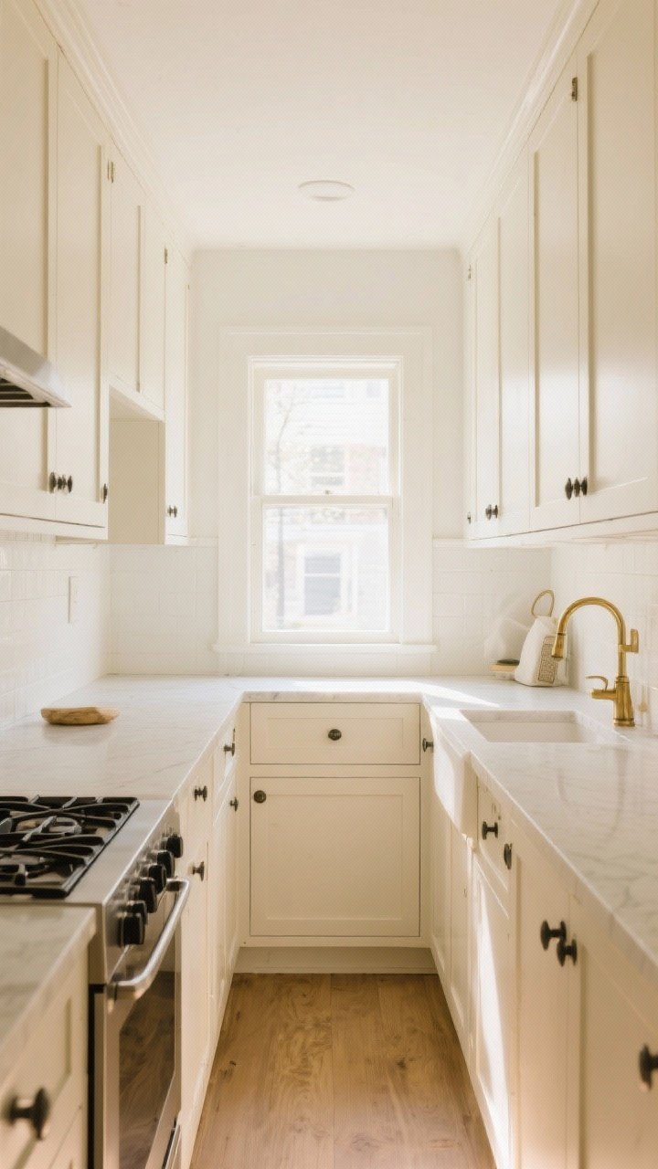 Wide shot: A small galley kitchen flooded with soft natural light, featuring creamy soft-white shaker cabinets in satin finish, eggshell-painted white walls one shade warmer, brushed brass and matte black mixed hardware, light countertops, and minimal decor; the overall mood is bright and airy with warm undertones that avoid a sterile look.