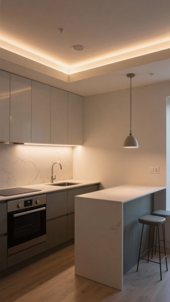 Wide shot: A small modern kitchen lit like a design studio, captured straight-on. Layered lighting visible—slim recessed ambient lights in the ceiling, continuous warm-to-neutral (2700K–3000K) LED strip task lighting under the upper cabinets illuminating the countertop, and a petite pendant over a small peninsula for accent. Install dimmers (visible dimmer switches on the wall). Keep surfaces minimal and clean.