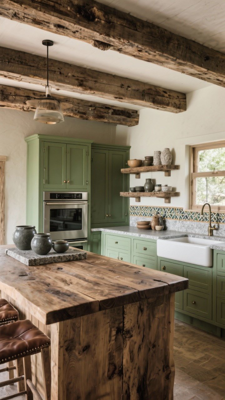 Wide shot: A textured, nature-forward kitchen with smooth green-painted cabinets contrasted by reclaimed wood open beams, a chunky butcher block island top, and matte ceramics on display; leathered granite or soapstone counters with a honed, low-sheen finish; handmade tile glimpse at the sink wall; balanced composition with rough wood shelving and refined cabinet fronts, warm natural light.