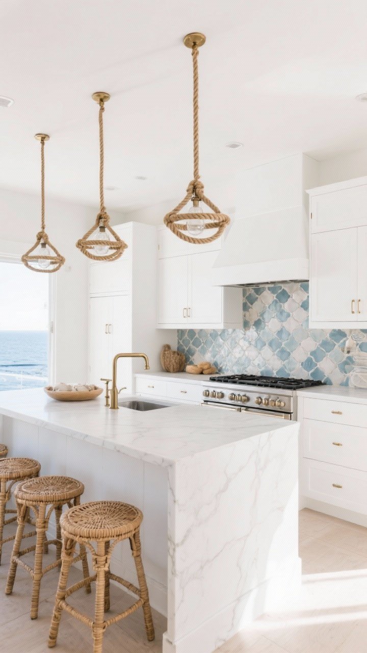 Wide shot, airy perspective: A coastal-cool white kitchen with soft white walls carrying a faint sandy undertone, white cabinetry, and a backsplash of hand-painted zellige tiles in soft grey-blue. Include rope-wrapped pendant lights over an island, natural materials like rattan stools, and finishes in brushed nickel and unlacquered brass for a yacht-chic touch. Bright, breezy daylight, photorealistic.
