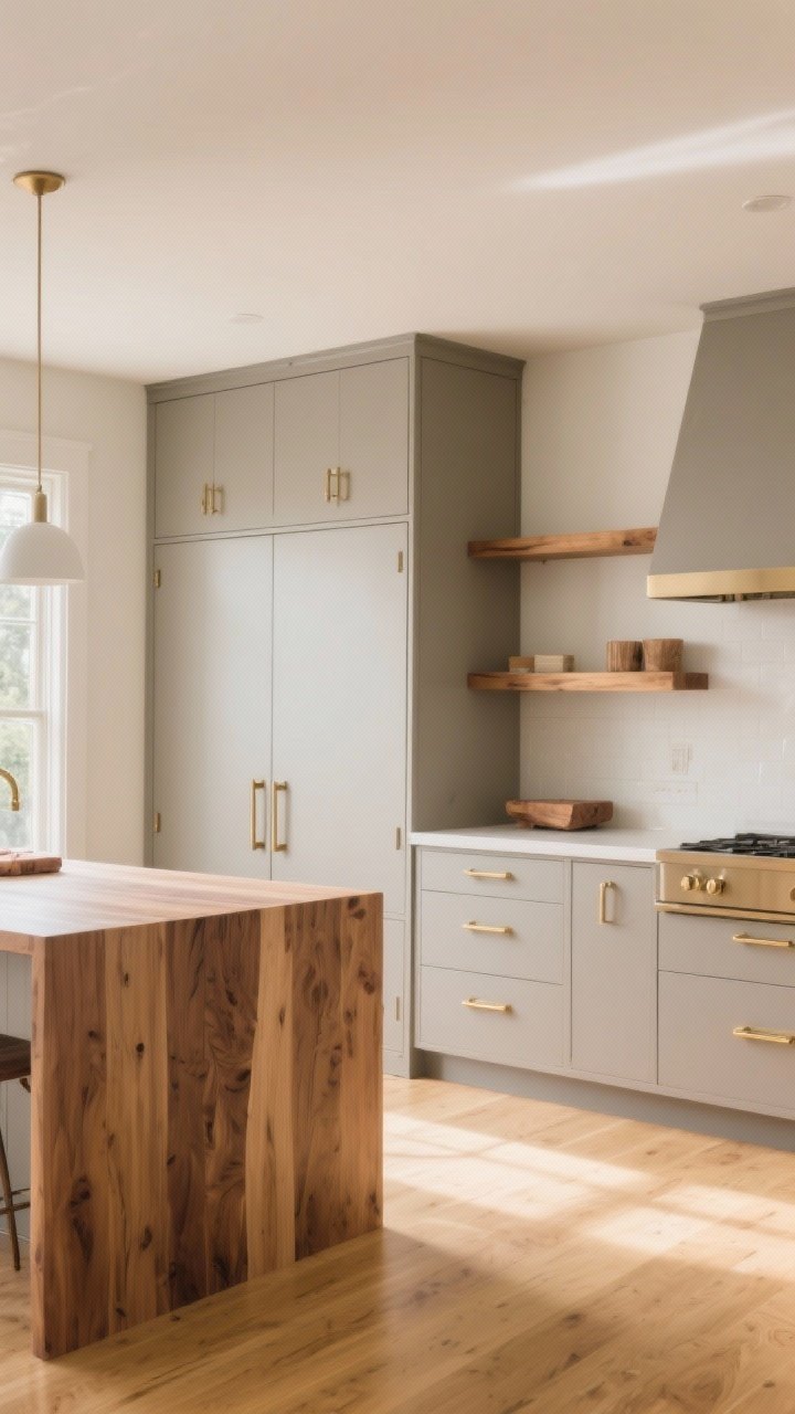 Wide shot: Airy taupe satin-finish cabinets paired with warm wood accents—open oak shelves and a butcher block island top—set against light honey oak floors; soft morning light glows across champagne bronze hardware, creating a quietly spacious, elevated mood with cohesive warm neutrals.