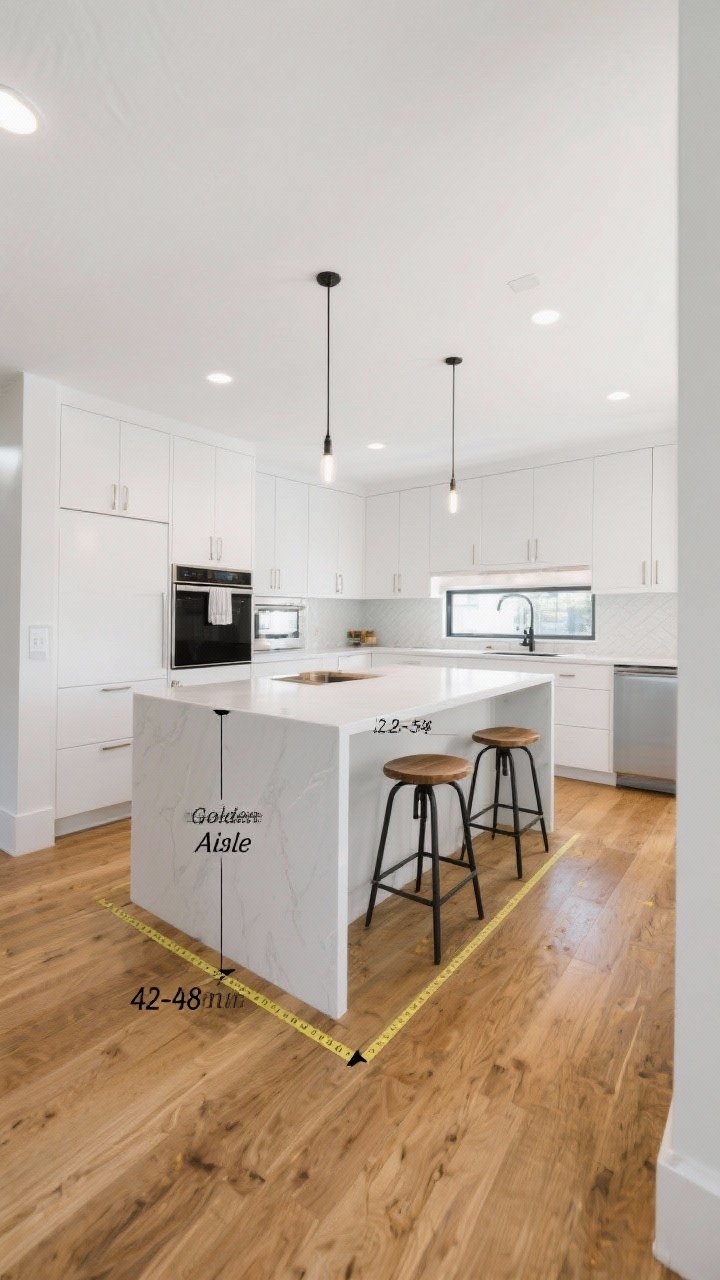 Wide shot: An airy kitchen showing the “Golden Aisle Rule” clearances—42–48 inches of walking space around a central island, with tape-measure markers subtly visible on the floor for scale. The island provides 12–15 inches of overhang with seating for three, spaced 24 inches per stool. Minimalist white cabinets, natural oak floors, and a narrow island (about 24–30 inches deep) illustrating tight-space viability. Even, bright ambient lighting; angled corner perspective showcasing circulation.