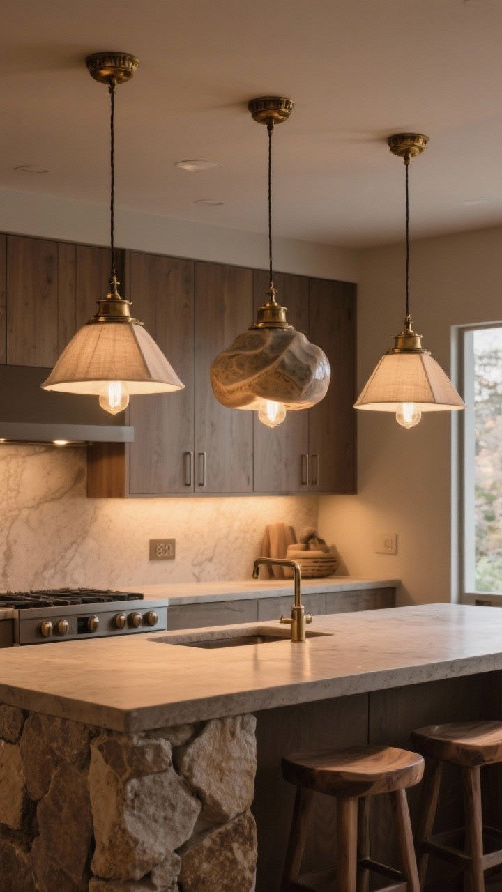 Wide shot: An earthy kitchen island illuminated by a trio of sculptural pendants—ceramic and linen shades with aged brass fittings—hung 32 inches above the countertop; bulbs at 2700K casting a warm, diffused glow that flatters stone and wood; organic silhouettes balancing straight cabinet lines; dimmer set to evening ambiance, photorealistic.