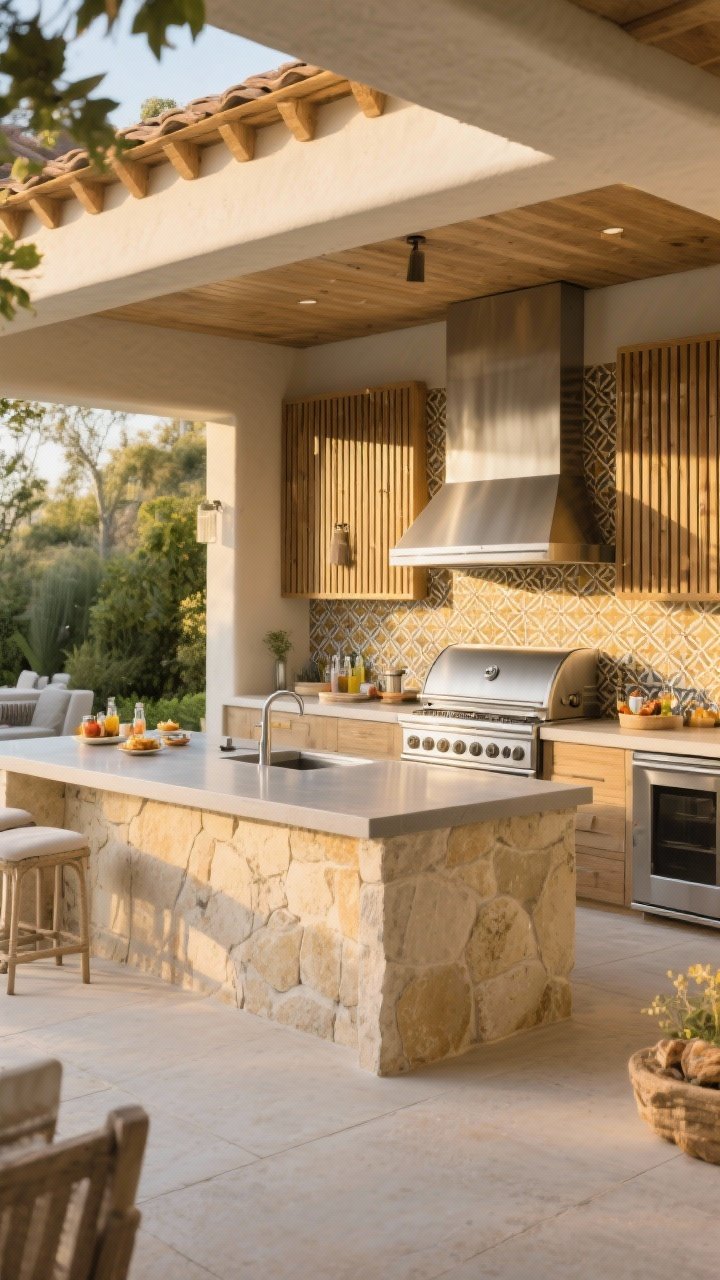 Wide shot: An open-air outdoor kitchen as the showstopper, featuring a generous stone or stucco island base with a durable Dekton countertop, a built-in stainless steel grill, and an integrated prep sink; clear functional zones are visible—grill area, separate prep space, and a guest-facing counter with small bites and drinks; a patterned tile backsplash frames the kitchen with slatted wood accents for extra texture; golden late-afternoon natural light, no people, photorealistic, straight-on view highlighting open circulation around the cook.