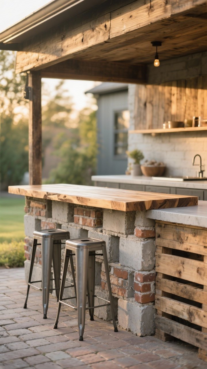 Wide shot: An outdoor DIY counter built from stacked salvaged concrete blocks and weathered reclaimed bricks, topped with a reclaimed butcher block slab with a slight overhang for two stools. Rustic sealed pallet-board option visible as an adjacent prep surface, all finished with a low-VOC outdoor sealant that gives a matte, protected sheen. Natural light at golden hour, subtle wood grain and stone textures emphasized; include a simple metal stool pair under the overhang and a few reclaimed pavers forming the floor. No people.