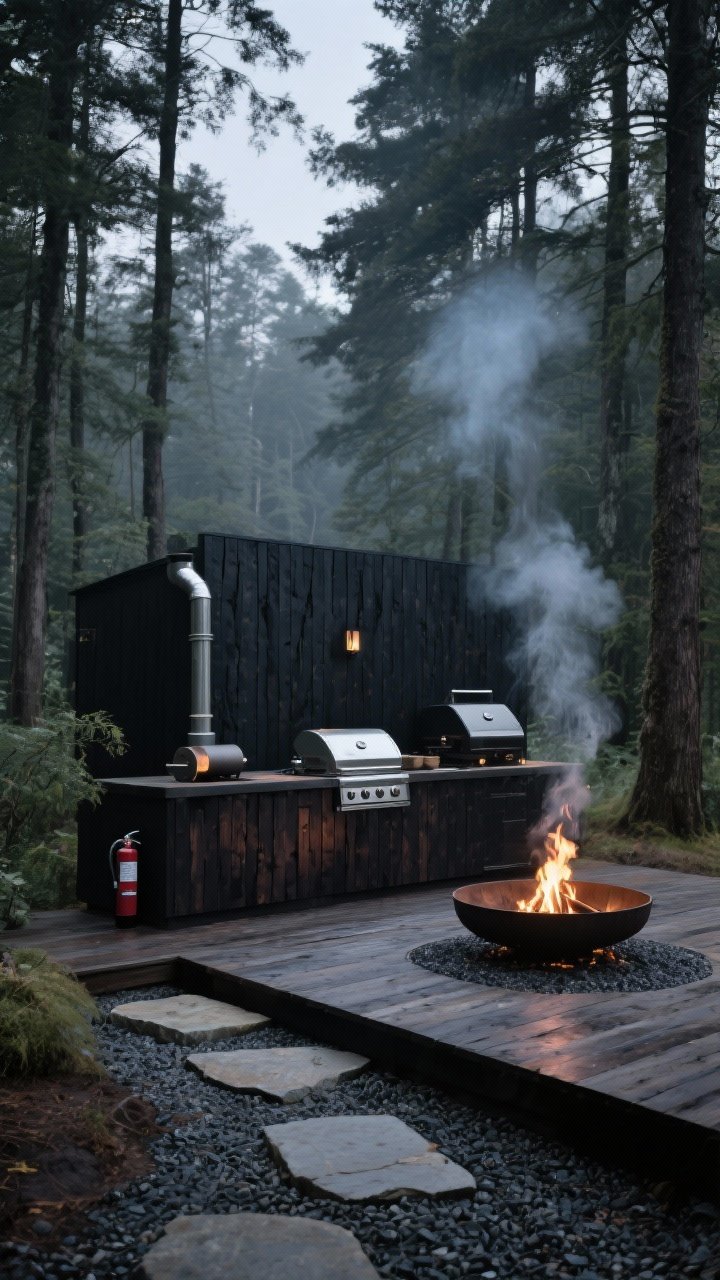 Wide shot at forest edge: moody outdoor fire kitchen blending into the tree line, featuring a trio setup—smoker, grill, and a nearby circular fire pit—clad in dark Shou Sugi Ban wood and stained timber, gravel paths layered with flagstone stepping pads for drainage and traction, spark arrestor visible on chimney, fire extinguisher tucked discretely, smoke curling into woodland shadows, overcast dusk light for atmosphere, photorealistic, no people.
