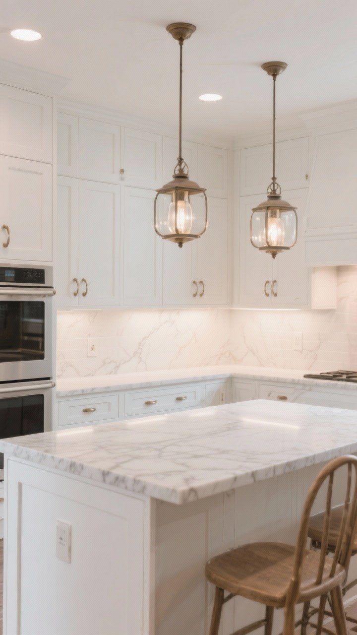 Wide shot, balanced perspective: Transitional white kitchen blending simple cabinet profiles with refined details—softly curved pulls combined with classic knobs, lantern pendant lighting over the island, and quartz countertops with gentle veining. Keep patterns minimal for longevity. Warm, inviting ambient lighting with clear task illumination, photorealistic.