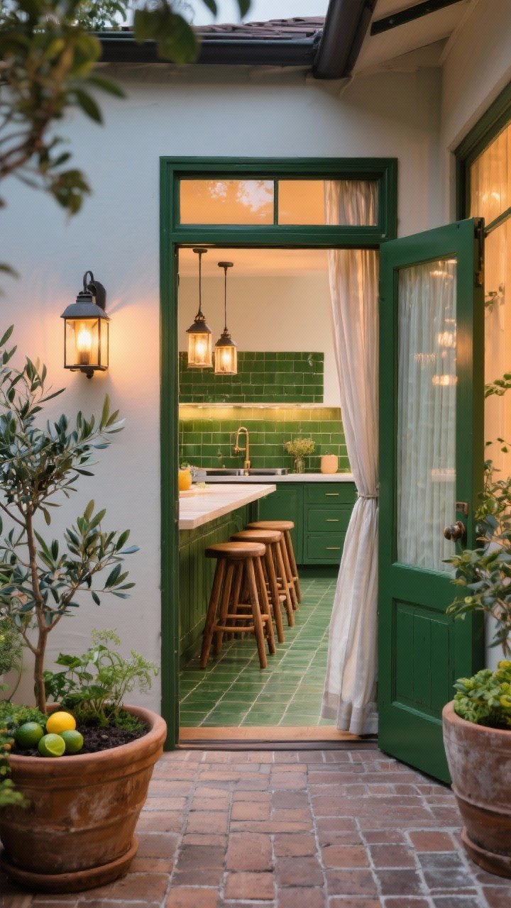 Wide shot blurring indoors and outdoors: a kitchen opening to a narrow patio via a large pass-through window with a wide ledge serving as an outdoor bar; matching materials—indoor green tile color echoed in outdoor pavers and the same wood tone for stools inside and out; large planters with potted edibles (dwarf olive, lemon, lime); lantern-style outdoor sconces mirroring indoor pendants; existing door frames painted deep green with sheer drapery softening the transition; warm evening glow.