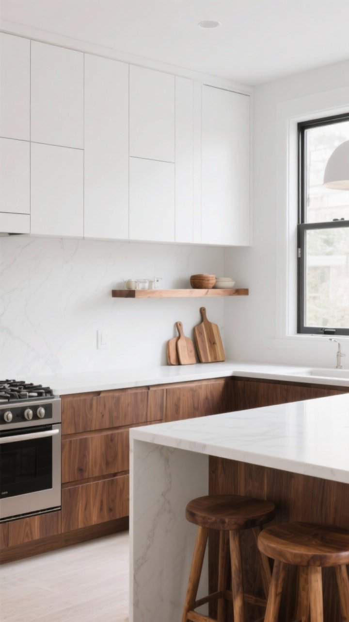 Wide shot, bright white-and-wood kitchen with high contrast: sleek matte white upper cabinets paired with medium-to-dark walnut lower cabinets, white walls, satin cabinet finishes, warm wood repeated in floating shelves, two wood stools, and cutting boards on the counter; soft daylight from a large window, clean modern lines, no loud colors, overall warm yet airy mood.