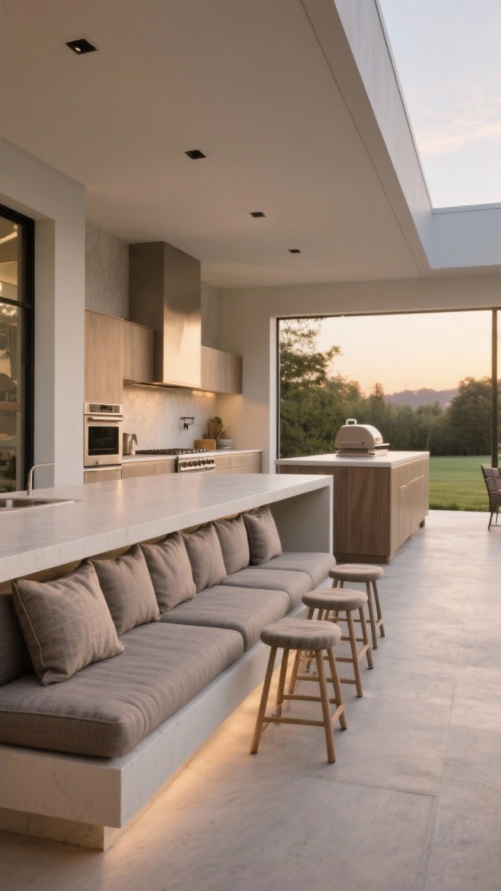 Wide shot: Built-in linear bench aligned with counter height forming one bold continuous line; an L-shaped kitchen run keeps clear traffic around the grill zone; an island opposite with a single run of three aligned stools; bench cushions in tonal, performance outdoor fabric (no prints) in warm grays; serene, uncluttered surfaces; early evening natural light, photorealistic.