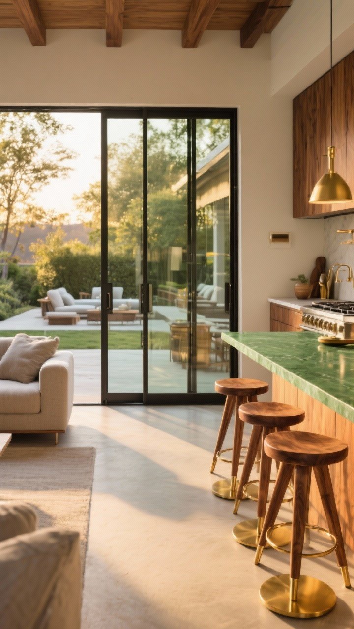 Wide shot capturing indoor-outdoor flow: a living/kitchen interior opening to an outdoor kitchen through large sliding glass doors fully stacked to one side; walnut and brass accents repeat outside via walnut barstools with brass footrests; the same green countertop material inside and out for continuity; the outdoor kitchen echoes the indoor palette without copying; clear 36-inch pathways visible; late-day golden light creating cohesion; photorealistic, slightly elevated angle.