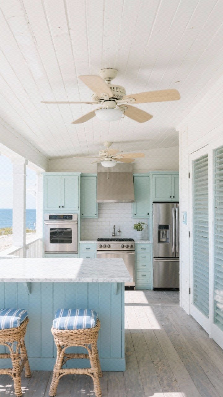 Wide shot — Coastal porch kitchen under a deep covered porch with wide eaves, white beadboard ceiling, and outdoor-rated ceiling fans spinning gently. Marine-grade stainless steel appliances, Polywood cabinetry in soft coastal tones, sealed quartz or porcelain slab counters. Removable screen panels stacked to one side; palette of soft blues, woven stools, and subtle striped cushions. Bright, breezy daytime light, mood: airy, seaside.