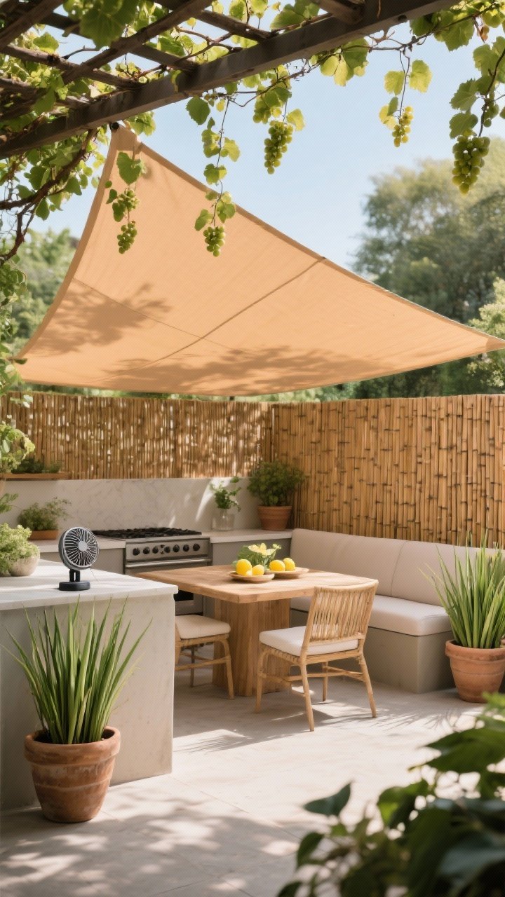 Wide shot: Comfort-focused outdoor cooking and dining nook under triangular shade sails in warm sand tones, paired with a bamboo screen filtering light. A simple trellis overhead trains leafy grape vines creating dappled living shade. Large pots of citronella and lemongrass flank the seating area; a compact tabletop solar fan sits on the counter. Gentle afternoon breeze effect, soft shadows and greenery framing the space. No people.