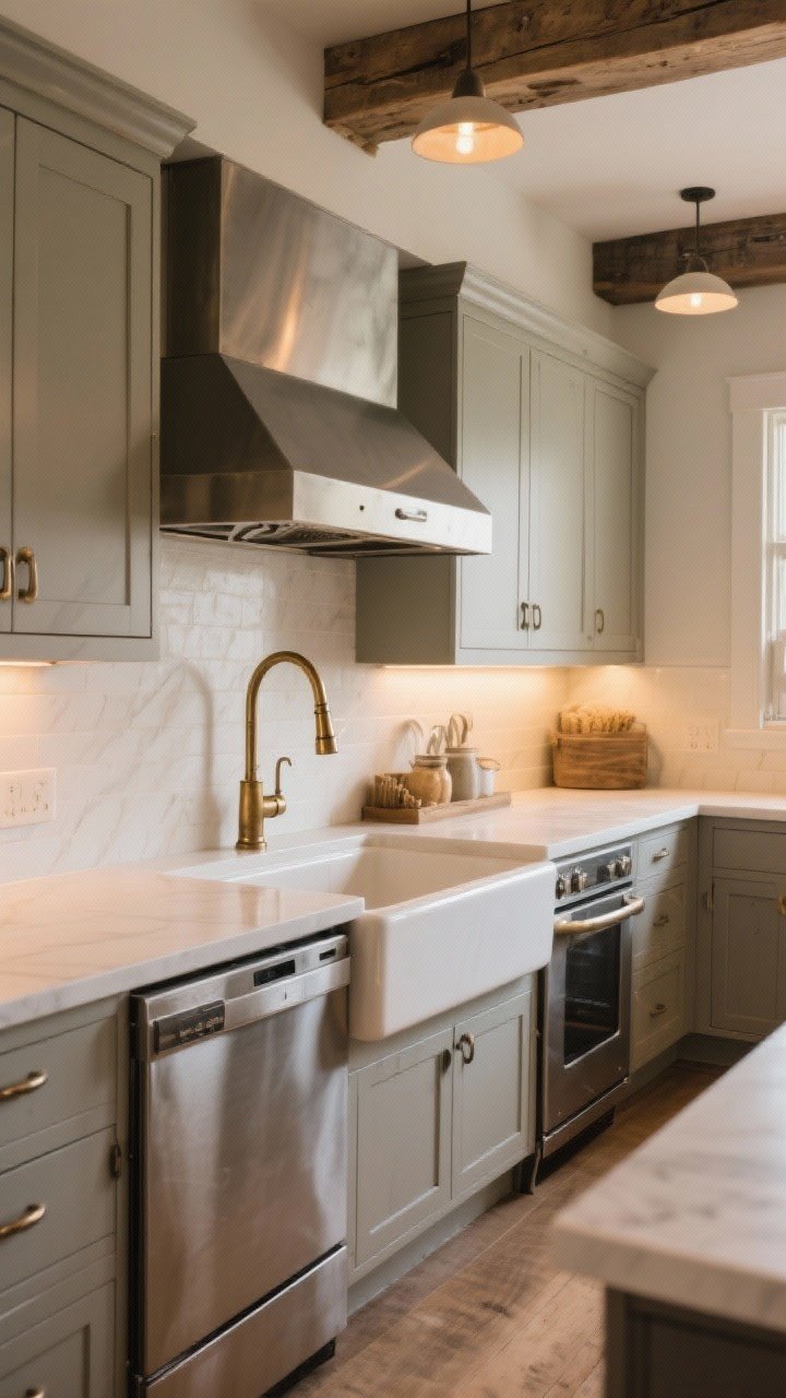 Wide shot: Comfort-forward rustic kitchen where modern upgrades are discreet—panel-ready dishwasher, concealed range hood, and a farmhouse sink paired with a sleek pull-down faucet in aged brass. Dimmable warm LED lighting, soft-close drawers, and a quiet appliance suite create ease. Clean silhouettes with warm metals keep it timeless.