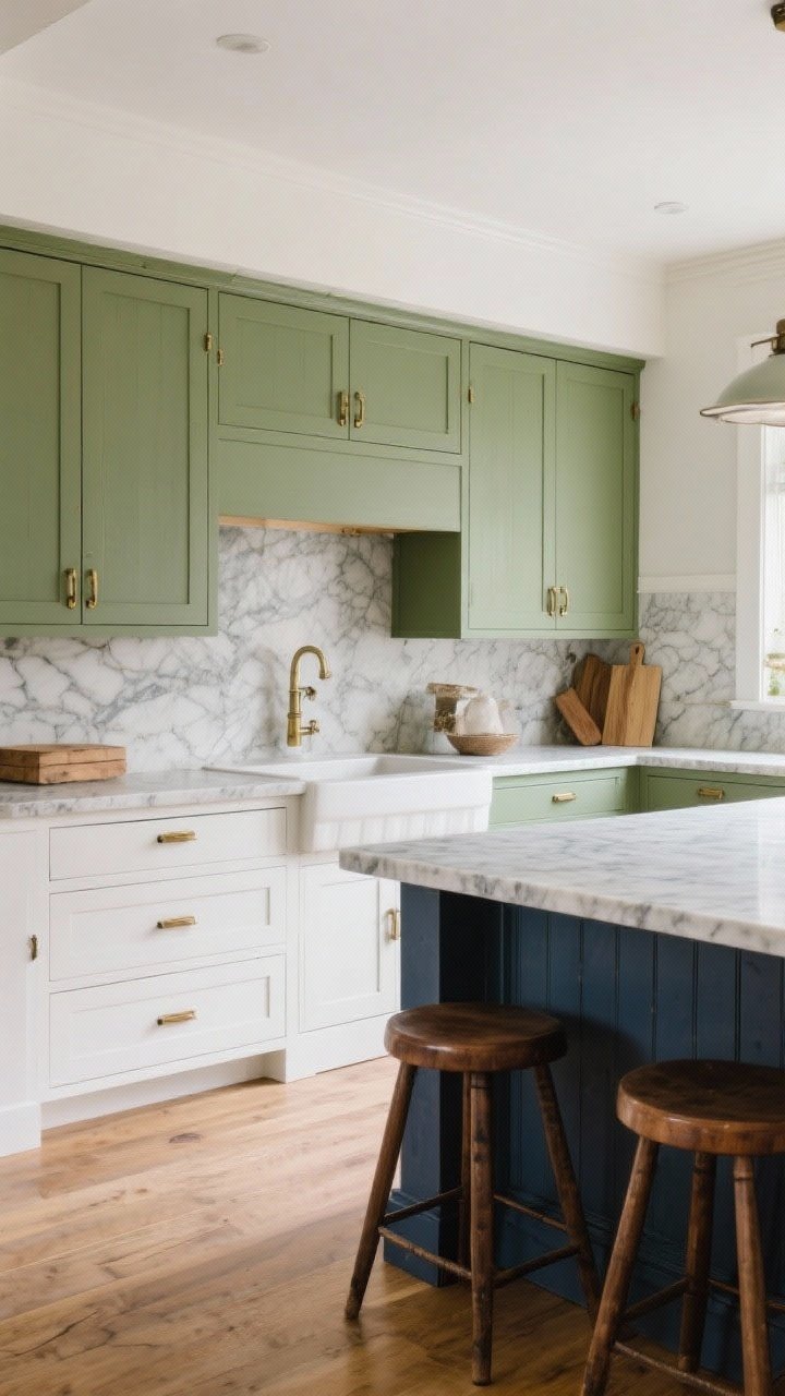 Wide shot: Earthy farmhouse color palette on cabinetry—moss green Shaker-style cabinets with aged brass hardware and a honed marble countertop; include natural stone or butcher block accents. Alternatively show warm white lowers with a white oak island or greige cabinets paired with soapstone. Add walnut stools at a navy island option for a moody variant. Soft daylight revealing depth of color; calm, serene mood. Photorealistic, slightly elevated corner angle.