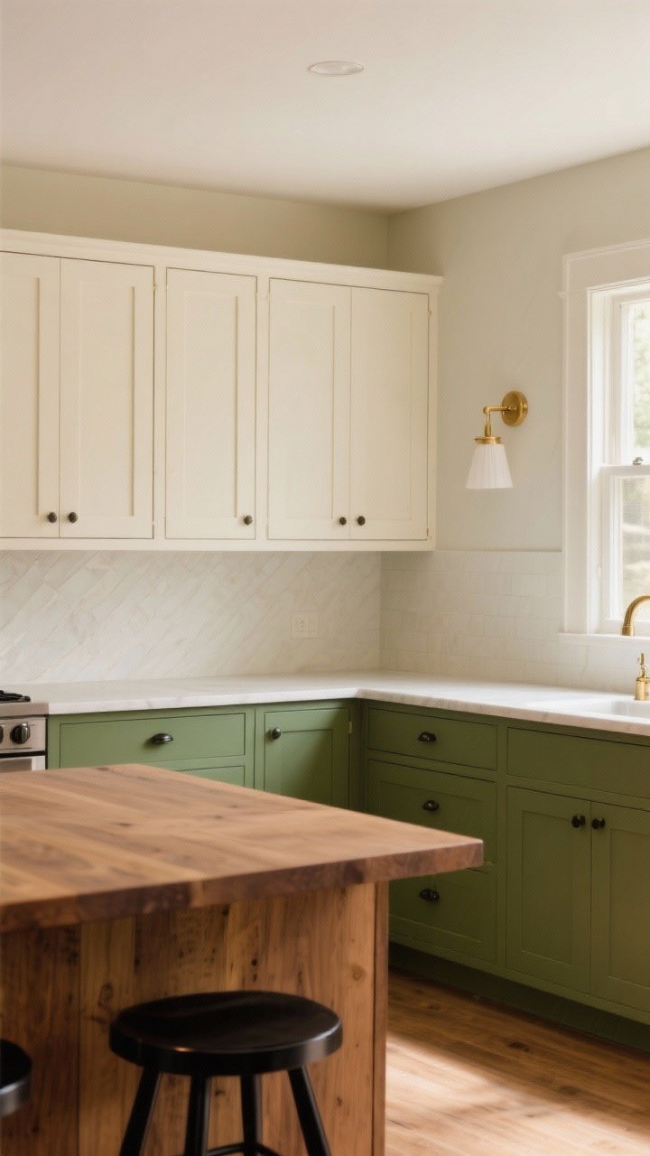 Wide shot emphasizing a cozy color palette: cream upper cabinets, sage green lower cabinets, warm wood island, matte black hardware, and putty-colored walls; include brass accents on a sconce or faucet; balanced natural daylight creating a warm, inviting tone; show overall harmony and soft contrast, corner perspective, photorealistic.