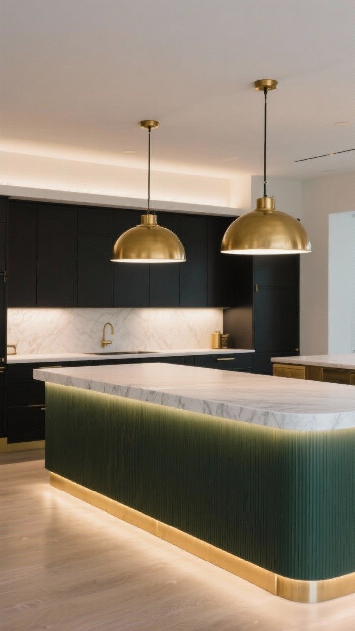 Wide shot emphasizing layered island lighting: two oversized brass pendants centered above a long island, hung 32 inches above the countertop; LED strip lighting under the island overhang casting a subtle glow on the toe space; soft overhead ambient lighting completing the trio; island base in deep olive with white quartz top; finishes limited to brass and matte black for consistency; photographed straight-on for symmetry