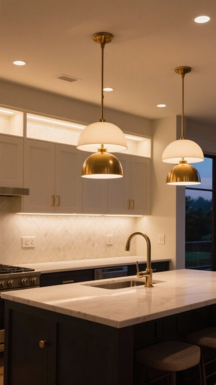 Wide shot emphasizing layered lighting in a kitchen: ambient ceiling lights, warm under-cabinet LED task lighting illuminating the backsplash, and two classic dome pendants in brass over the island spaced 30 inches apart; dimmer switches visible on the wall; polished nickel faucet for contrast; evening scene with lights on, creating functional glow and refined ambiance.