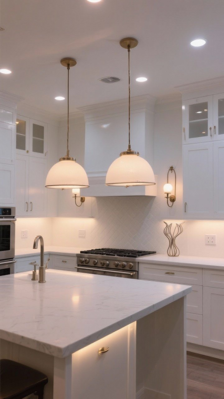 Wide shot emphasizing layered lighting in a white kitchen: oversized pendants above the island, recessed ambient lights evenly spaced, warm under-cabinet LED task lighting illuminating counters, and a pair of sculptural wall sconces flanking the range; bulbs set to 2700–3000K for cozy whites; white cabinets and bright white walls maintain clarity; evening scene showcasing dimmers at varied levels to create depth and mood; no people, high realism.