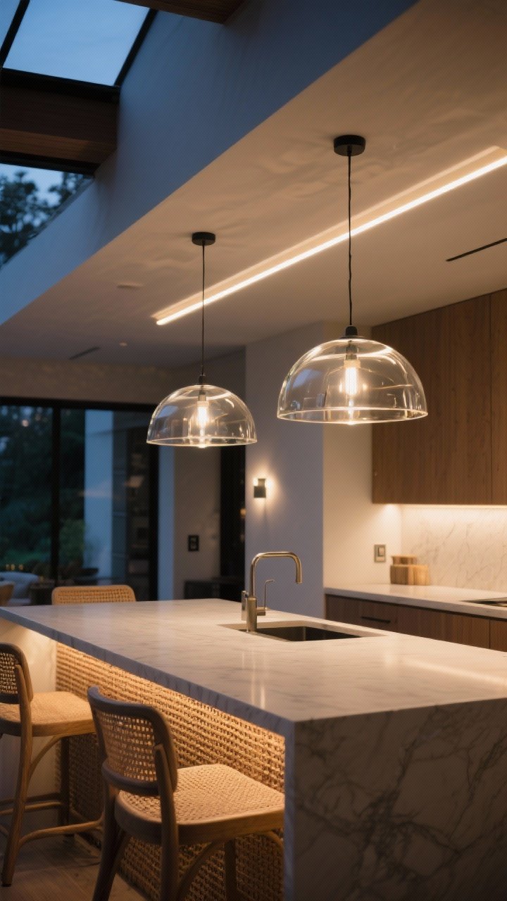 Wide shot emphasizing layered lighting over a large island: two oversized glass pendants hung 30–36 inches above the countertop, subtle LED strip glow under the island overhang creating nightlight vibes, and a visible dimmer switch on the wall; rattan texture accents elsewhere to warm the scene; evening mood with lights on, corner angle, photorealistic.