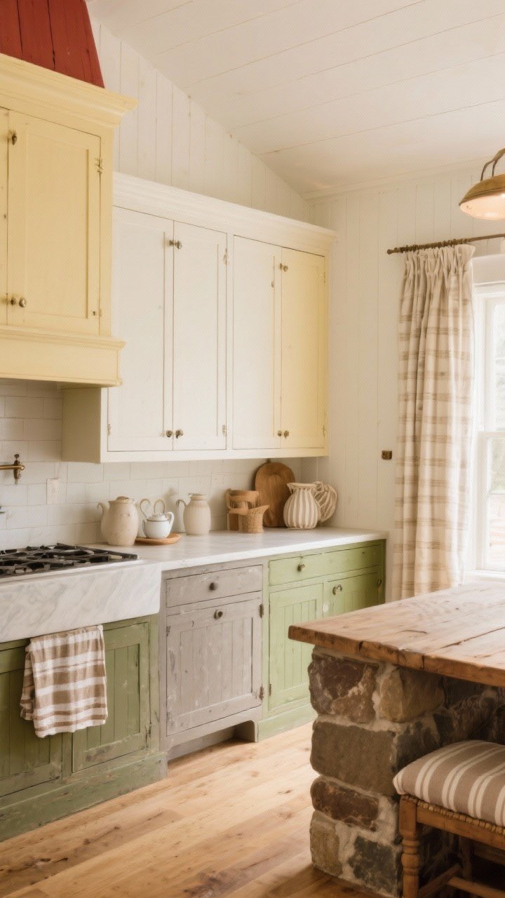 Wide shot emphasizing the warm farmhouse palette: walls in creamy white with a subtle yellow-red undertone, cabinets in a mix of buttery whites and weathered moss/olive/sage on the lowers or island; greige and warm taupe accents in stone and wood; textiles repeat tones—linen cafe curtains, striped tea towels, seat cushions; overall mood like a hug—glowing, balanced, and photorealistic with soft, even natural lighting.