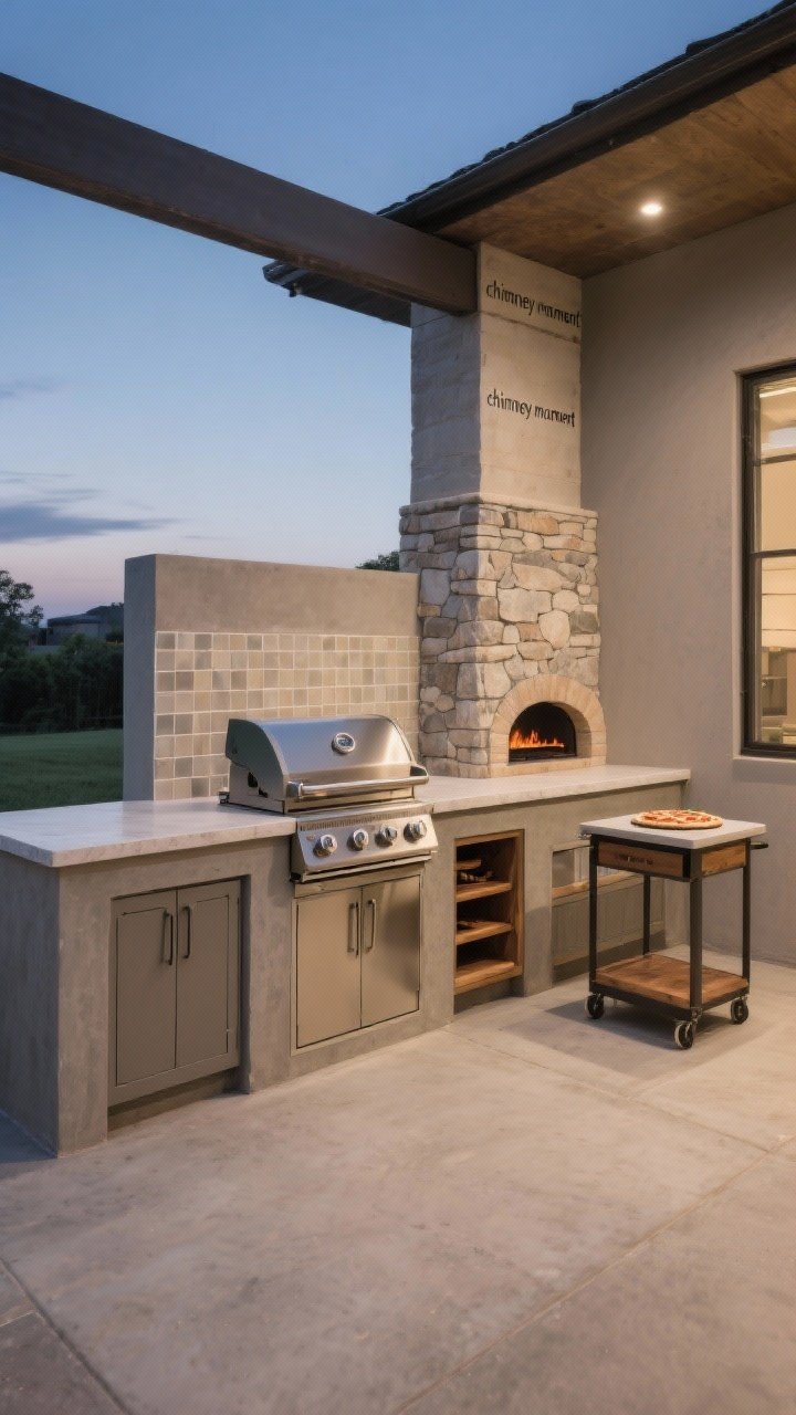 Wide shot: Faux built-in grill station. A freestanding grill flanked by two base cabinets with one continuous countertop for a seamless look. Heat-safe surfaces (tile and concrete) around the grill area. A small tiled backsplash “chimney moment” adds verticality. To the side, a dedicated cart holds a countertop pizza oven with a stone-look tile backdrop and a wood storage cubby below. Neutral tones, straight-on composition at dusk.