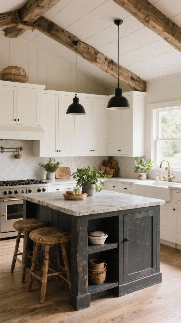 Wide shot: Final mood—an inviting rustic kitchen that feels collected over time: layered textures, ample light, and practical layout. Warm white cabinets, charcoal island, soapstone counters, and matte black hardware. Subtle greenery, minimal accessories, and clear work zones convey relaxed, soulful livability under soft, even daylight.