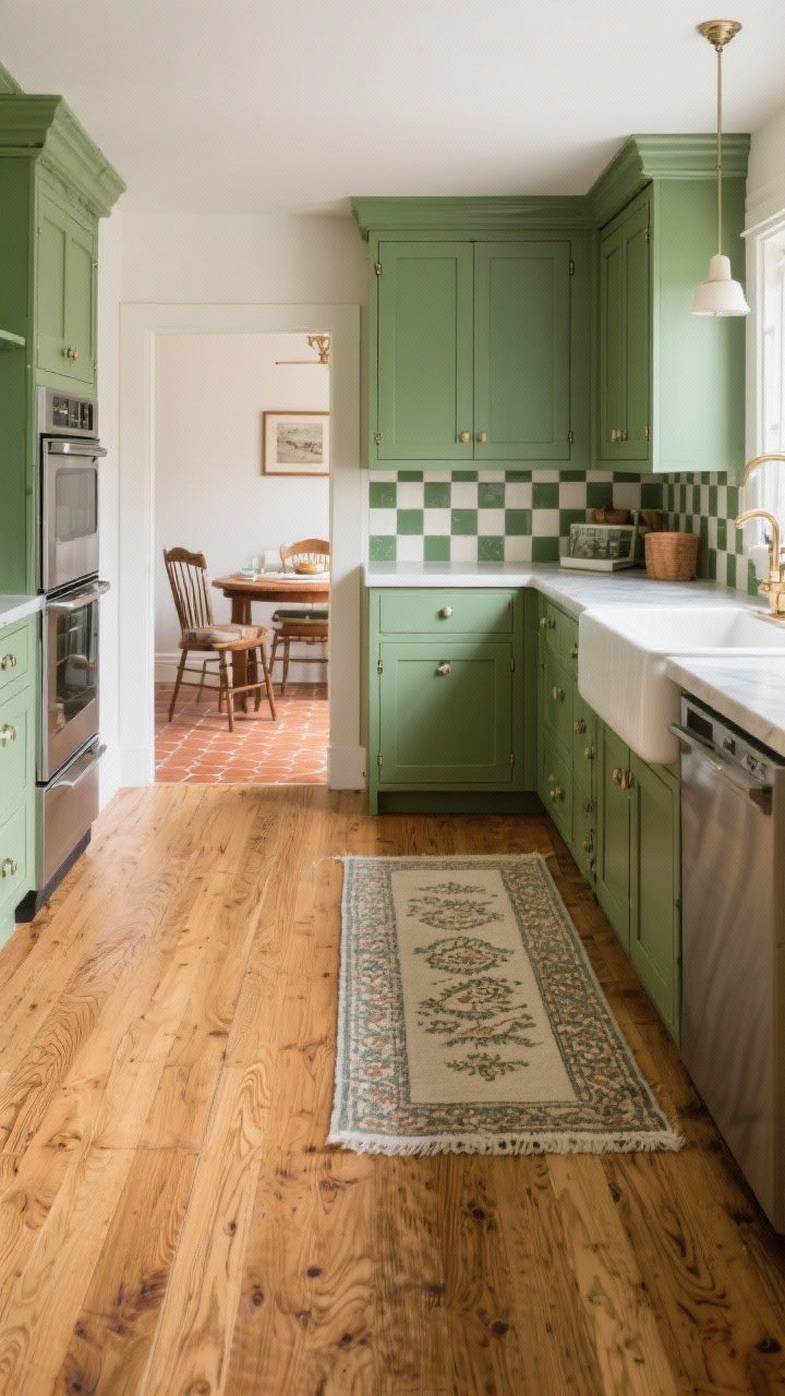 Wide shot, floor-forward perspective: Warm medium-tone oak or hickory floors with a low-sheen, slightly wire-brushed texture running through a green-cabinet kitchen; a vintage runner layered along the prep zone; an inset view to a breakfast nook with terra-cotta tile or a warm off-white and faded green checkerboard option; undertones coordinated to flatter the green cabinetry; soft, even daylight.