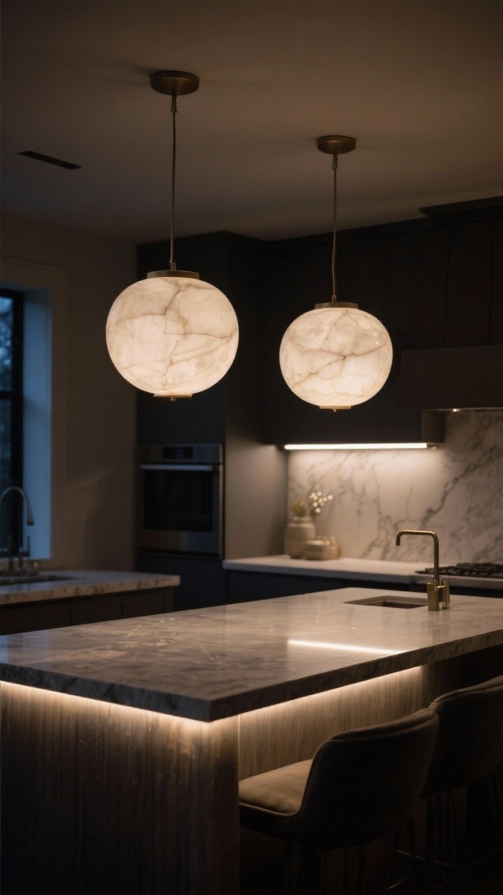 Wide shot focused on lighting: A kitchen island under two oversized alabaster pendants (about 12–20 inches diameter each) hung 30–36 inches above the counter, with a slim linear light beyond for balance; toe-kick LED strip casting a subtle glow under the island; dim, moody evening ambiance showcasing layered lighting and a softly reflective stone top; pendants act like jewelry, no people, photorealistic.