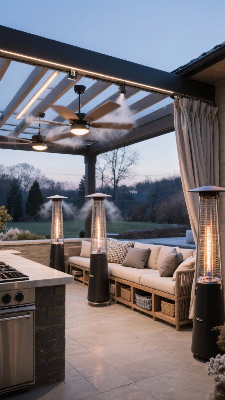 Wide shot: Four-season outdoor kitchen and lounge with infrared heaters mounted under a pergola, two movable propane heater towers flanking the seating, ceiling fans overhead with discreet misting lines; motorized weather curtains partially drawn on one side to block wind and bugs; a tidy storage bench for cushions and covers; cozy winter-capable yet summer-ready atmosphere, cool early evening light, photorealistic, corner perspective showcasing all-weather features.