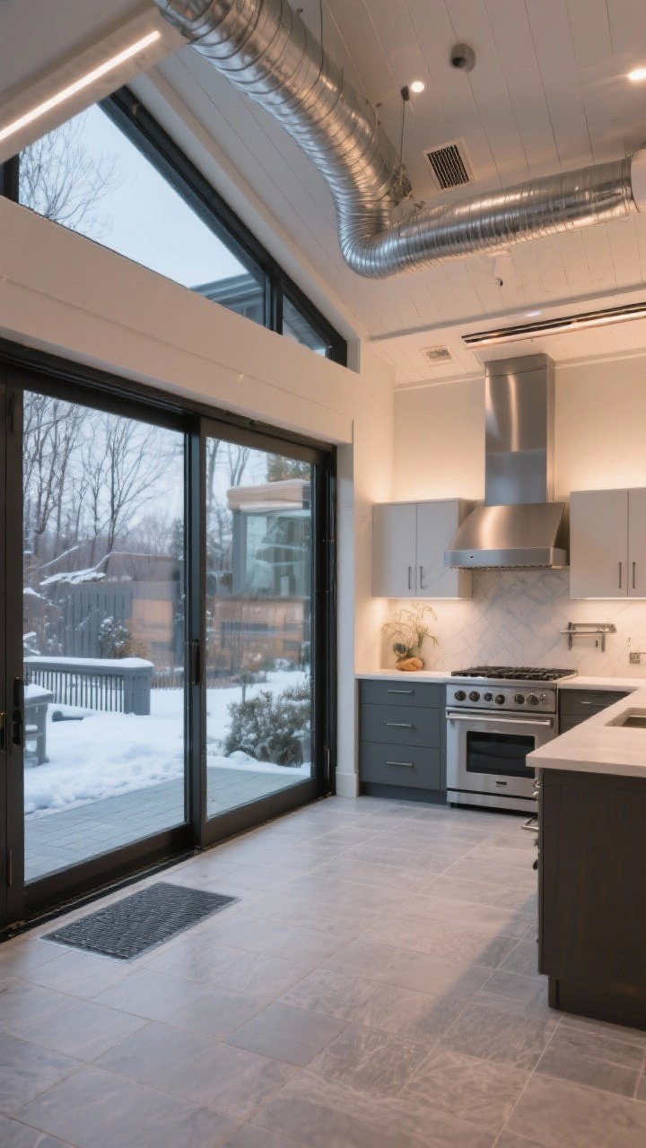 Wide shot — Four-season outdoor kitchen enclosed with expansive sliding glass/bifold doors, partially open to the outside. Proper vent hood ducted through the ceiling, sleek ceiling-mounted infrared heaters, and radiant floor cues. Large-format porcelain flooring with a subtle nonslip texture; streamlined cabinetry and pro-grade appliances. Cool winter light outside contrasted with warm interior illumination, mood: year-round luxury, sealed yet airy.