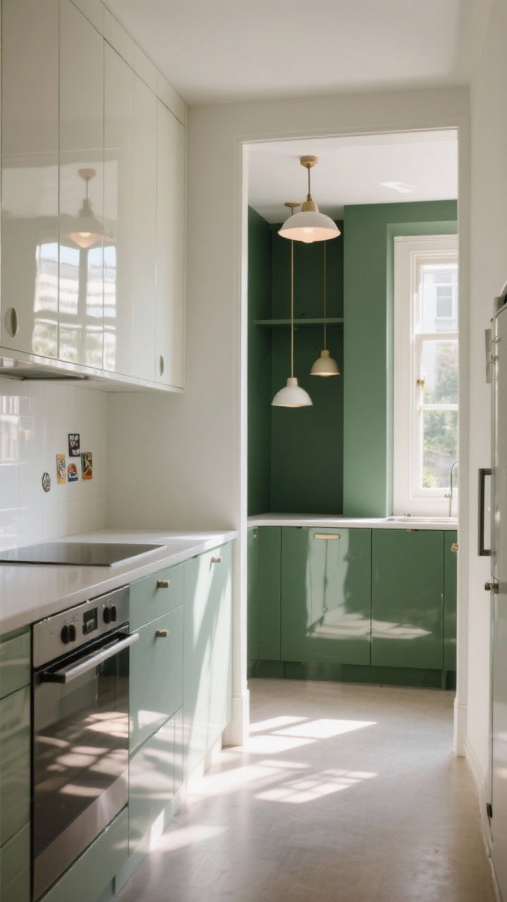 Wide shot from a corner angle: A low-light galley kitchen with pale gloss upper cabinets and gloss lower cabinets in soft white, bouncing light from small pendant lights and a narrow window; reflections show windows and pendant shapes. Opposite scene in the same frame: a sun-flooded nook with matte forest-green cabinets absorbing strong daylight, preventing glare, with even, uniform surfaces. Show subtle reflections on gloss and none on matte; keep decor minimal—just a few fridge magnets visible in gloss reflections.